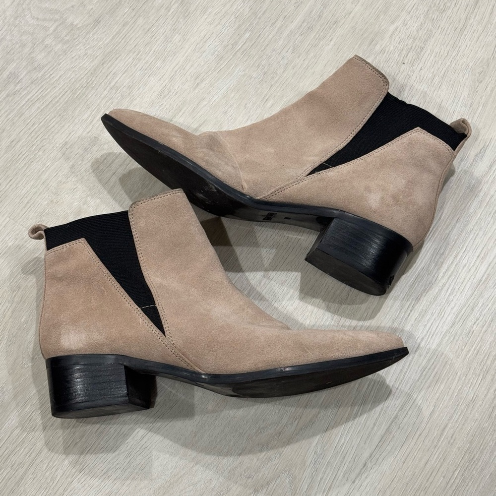 Marc Fisher Taupe Suede Chelsea Ankle Boots with Black Elastic